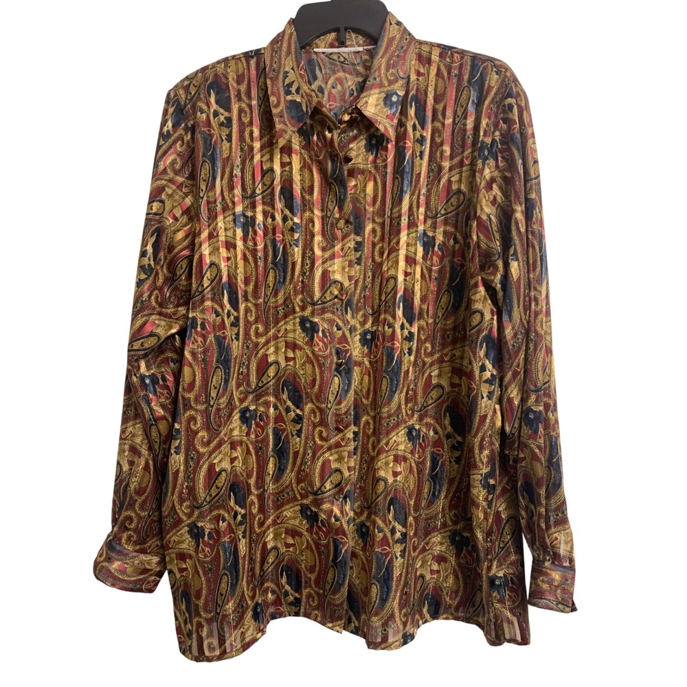 Vintage Paisley Metallic Gold Stripe Button Down Blouse Burgundy Gold Navy L